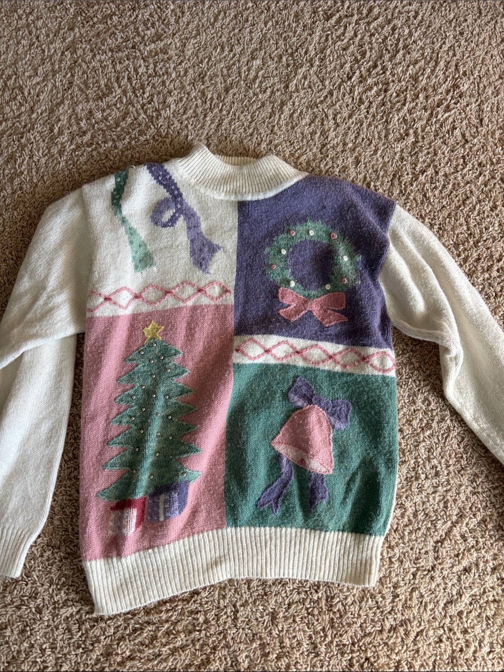 Women's Cream Christmas Patchwork Sweater with Green & Pink Accents